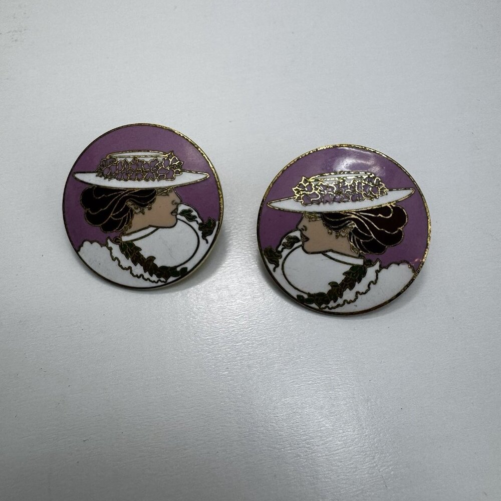 Diana Hansen-Young 1988 Enamel Earrings Vintage Art Nouveau Lady Portrait Rare - Picture 5 of 8